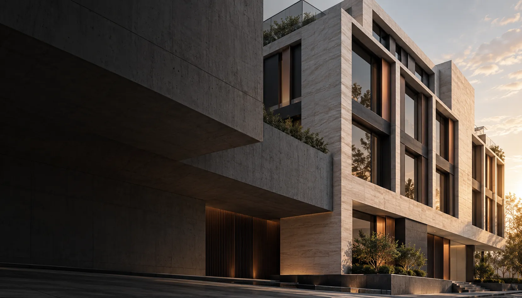 Imagem arquitetônica ilustrativa: edifício contemporâneo em concreto, pedra e detalhes em cobre.